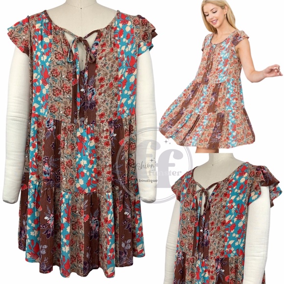 Blue B Patchwork Flutter Sleeve Floral Print Short Tiered Mini Swing Tunic Dress - Picture 1 of 15